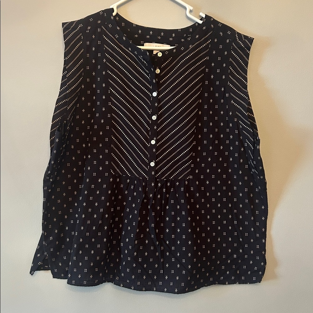Loft Black and Beige Embroidered Henley, Cap Sleeve Top, Size XL